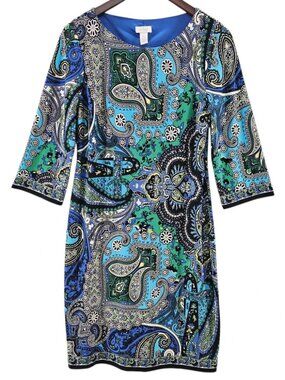 Chico's Midi Paisley Shift Dress 3/4 Sleeves Lined Blue Black Chico 2 (US L)